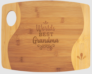 two-tone bamboo cutting board with handle and laser engraving