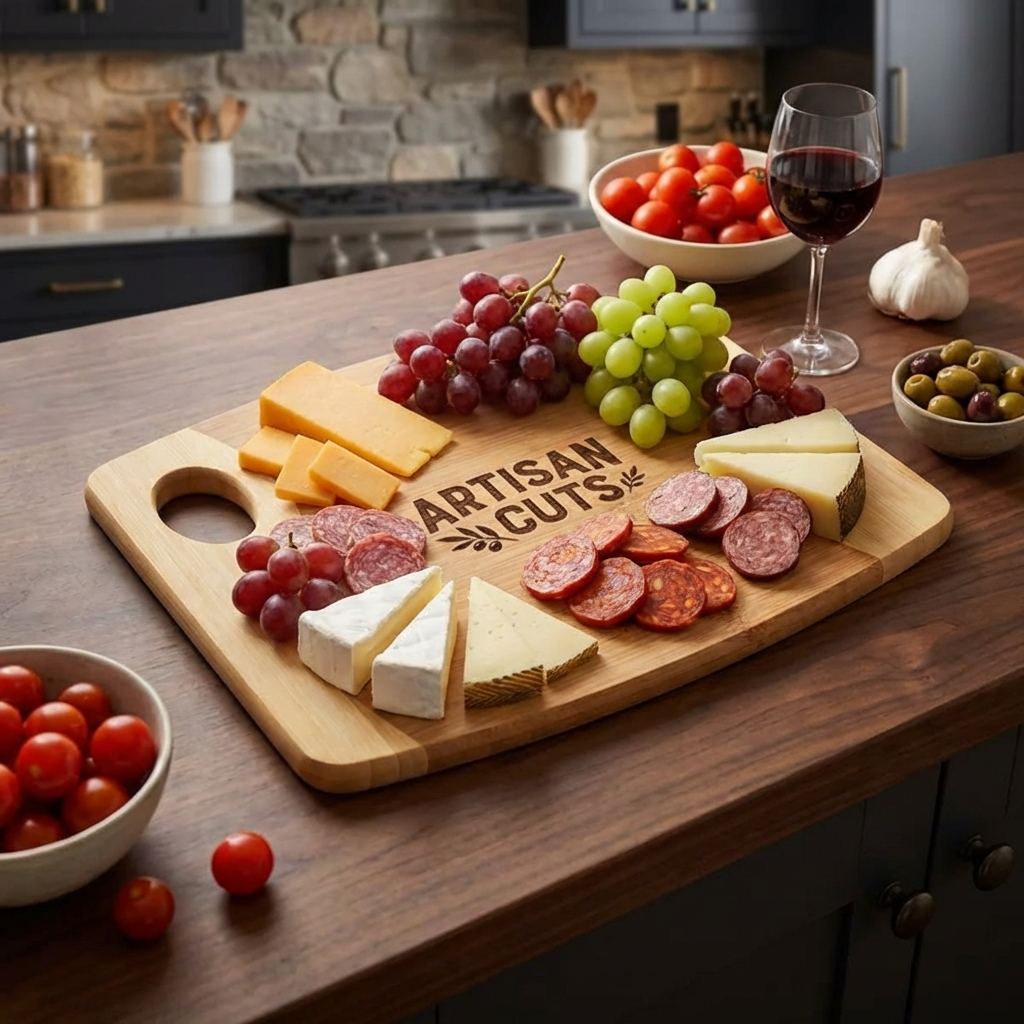 Bamboo charcuterie board with cheese and meats serving example