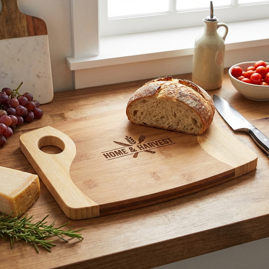 Bamboo cutting board with snacks and appetizers serving idea