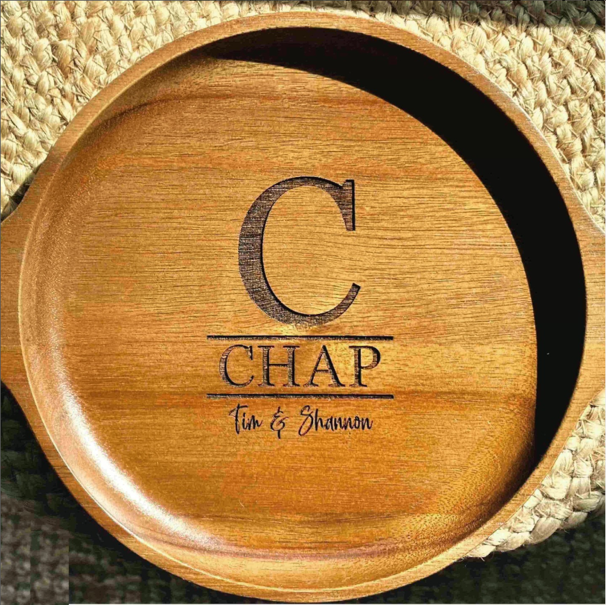 Acacia cutting board with custom laser engraving - unique housewarming and corporate appreciation gifts