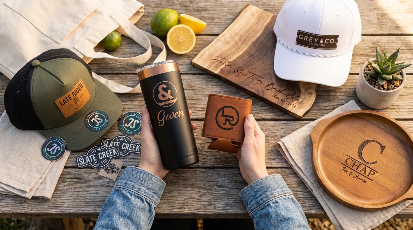 Custom laser-engraved gifts and corporate merchandise – drinkware, hats, and cutting boards crafted in Bettendorf, Iowa