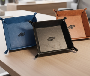 Black, Buckskin, Flint, Indigo, Olive, Rawhide, Walnut leatherette valet tray with custom laser engraving
