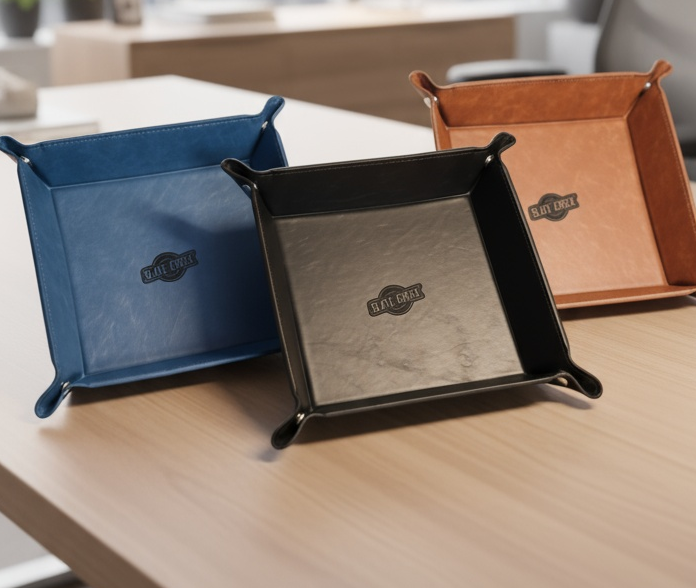Black, Buckskin, Flint, Indigo, Olive, Rawhide, Walnut leatherette valet tray with custom laser engraving
