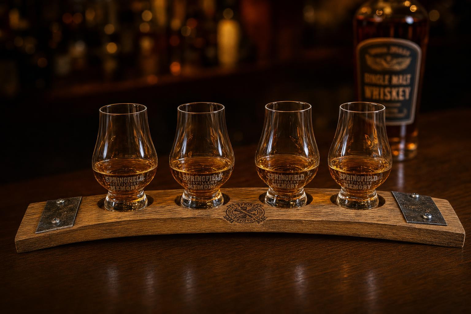 Custom Laser Engraved Barrel Stave Whiskey Flight Board | 4-Glass Tasting Set | Corporate Gift