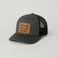 Richardson 112 charcoal and black snapback hat with custom laser engraved leather patch for corporate branding