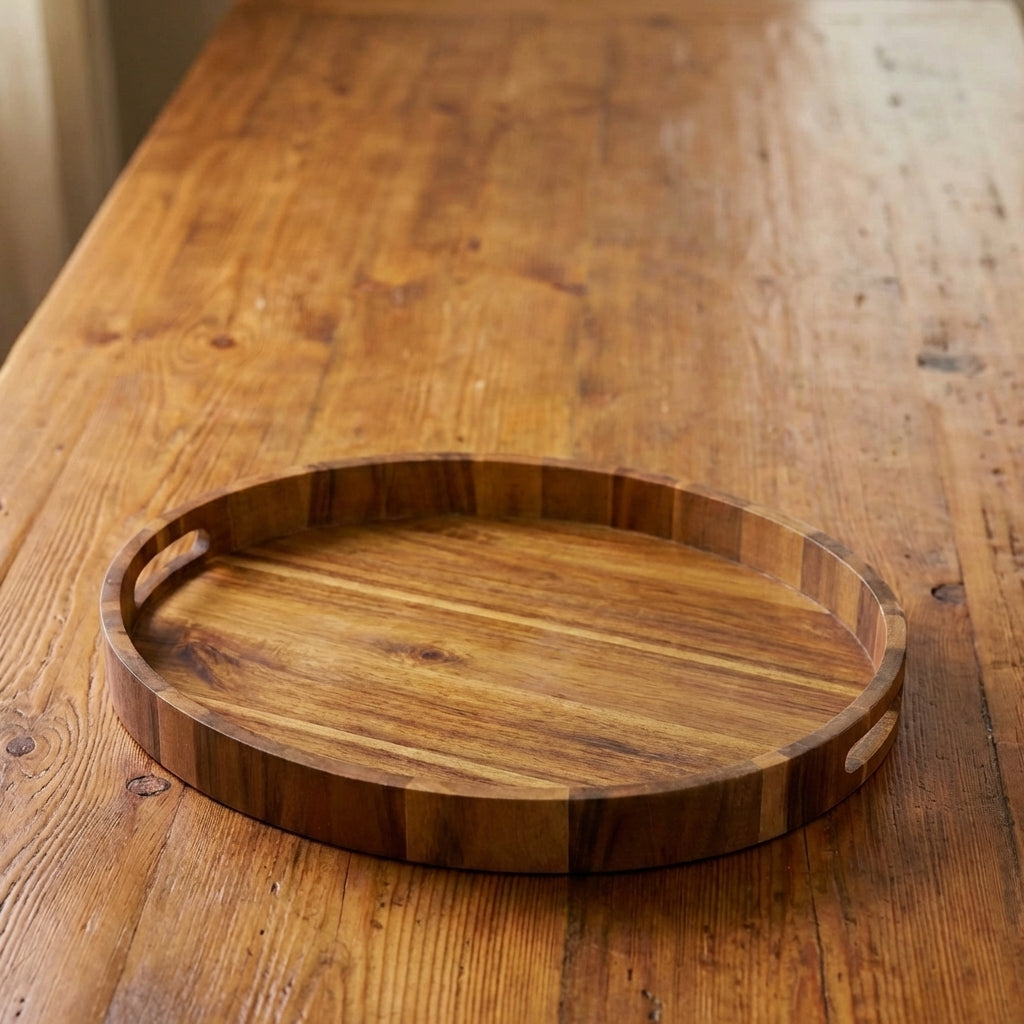 Acacia wood serving tray with handles - custom laser engraved charcuterie board for entertaining and corporate gifts
