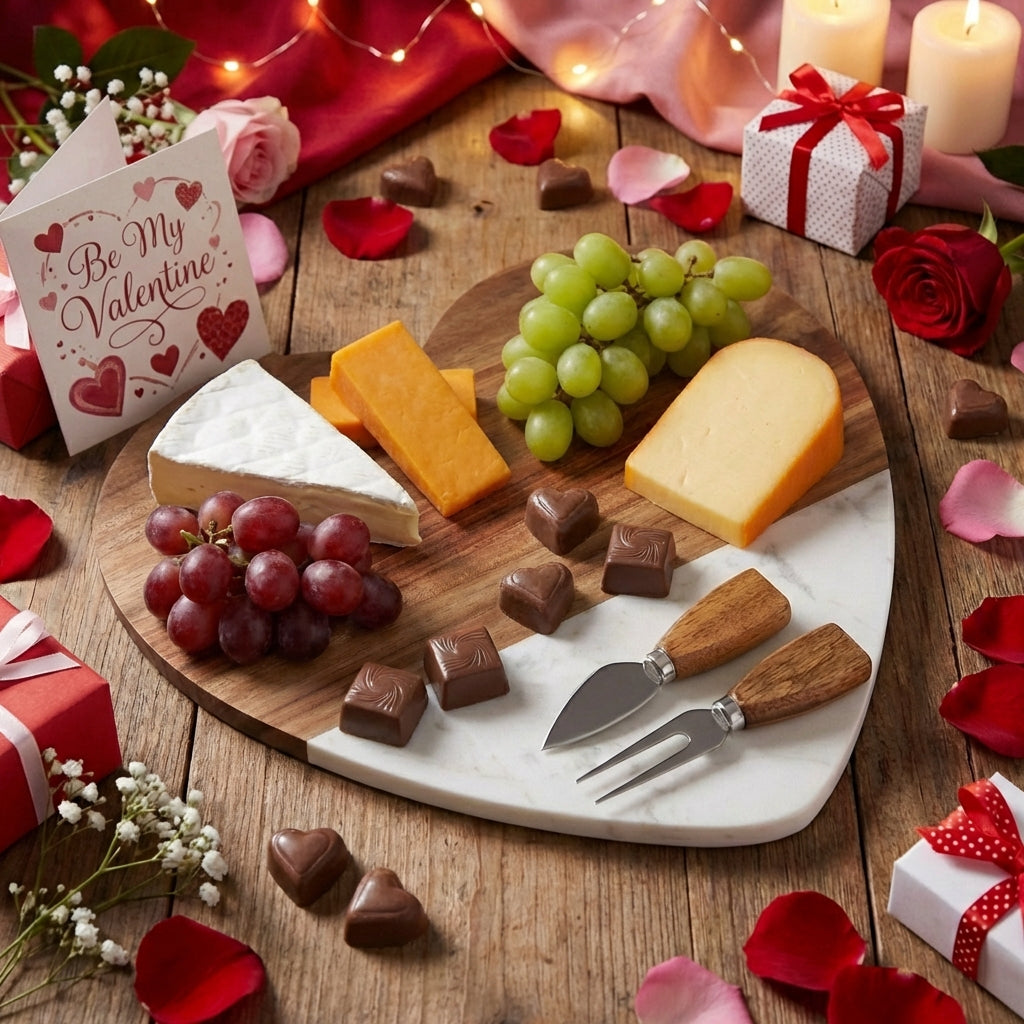 Custom engraved heart cutting board - acacia wood and marble charcuterie board for weddings and anniversaries