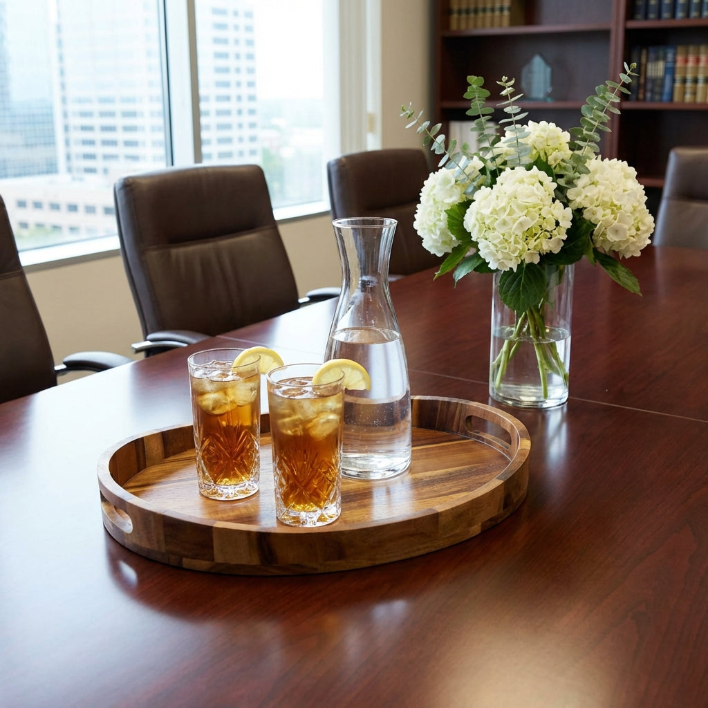 Custom laser engraved acacia tray with handles - premium wood serving board for home entertaining and corporate events