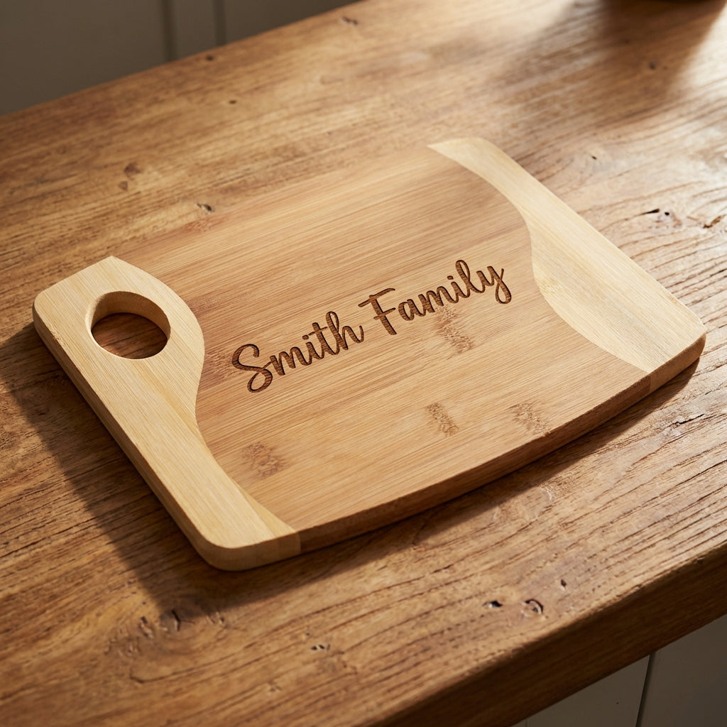 Personalized bamboo cutting board with handle different angle view