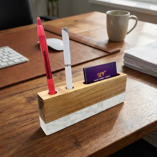 Wooden desk nameplate and pen holder - perfect for employee recognition and executive gifts
