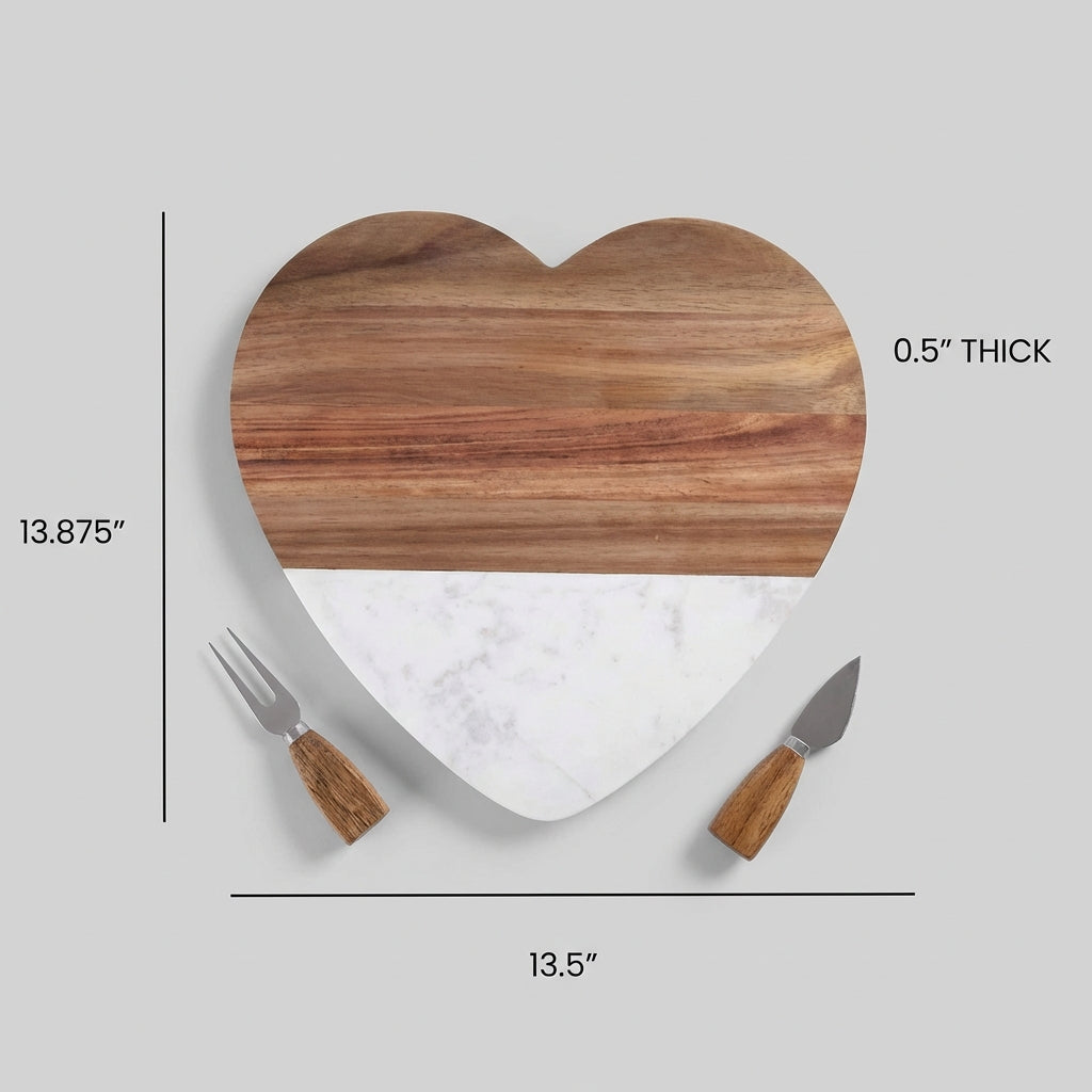 Heart-shaped acacia and marble cutting board - personalized Valentine's Day gift with custom laser engraving