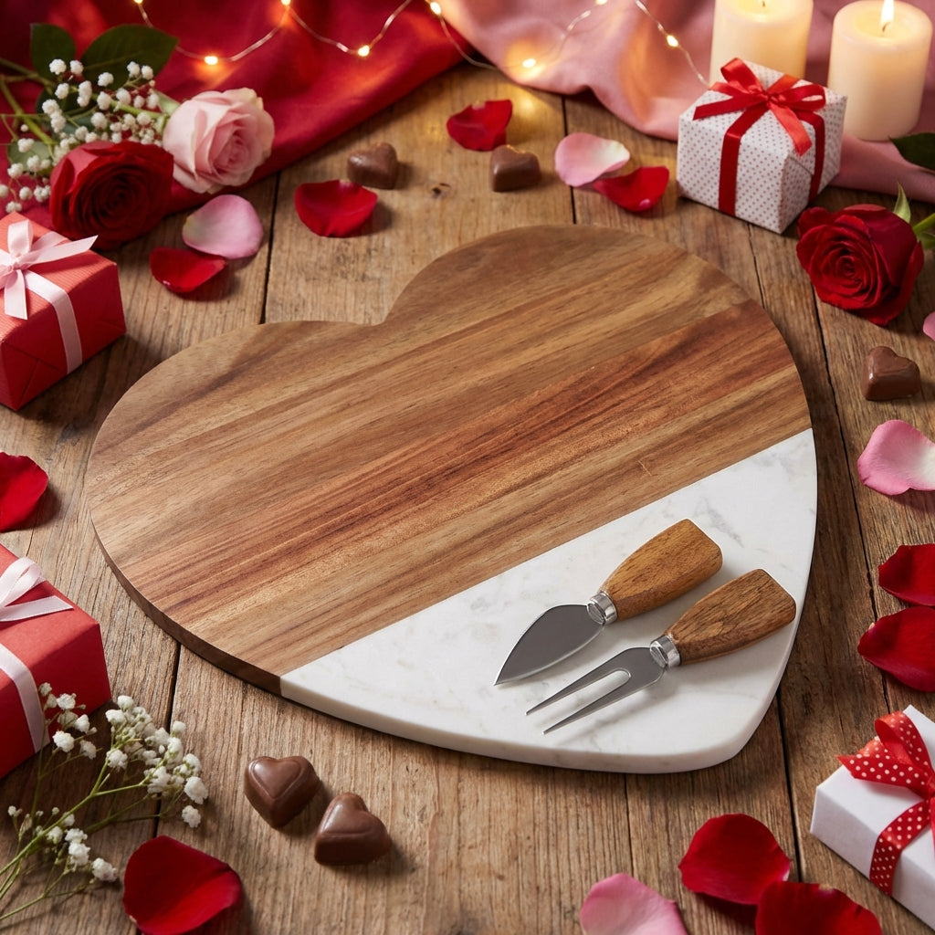 Personalized heart-shaped serving board - laser engraved acacia marble board for romantic gifts and bridal showers