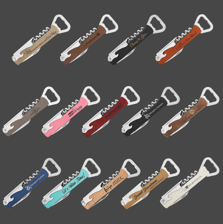 Leatherette wine bottle opener with custom laser engraving