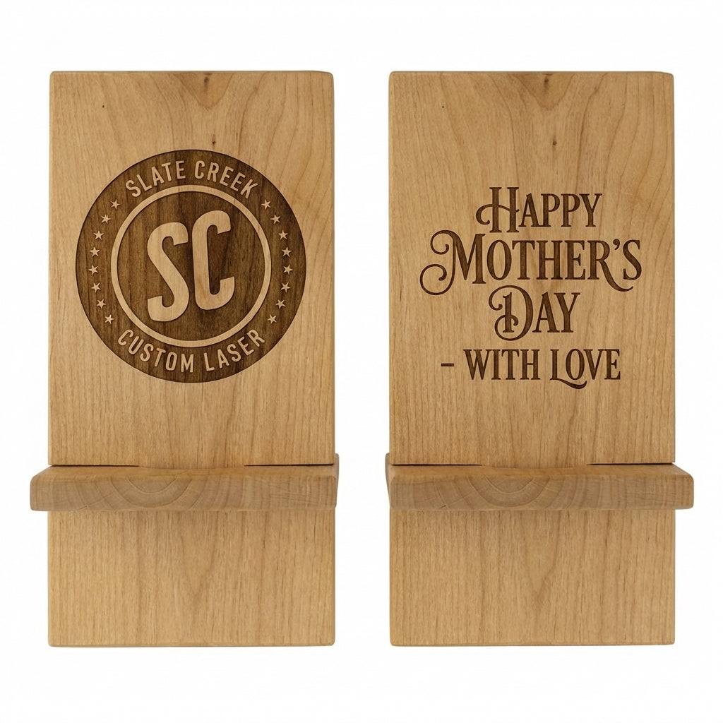 Red alder wood phone and tablet stand with laser engraving - personalized corporate gift from Slate Creek Laser