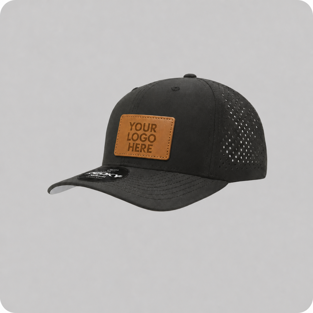 Decky 6227 black 6-panel mid profile structured perforated performance cap with brown leatherette patch, curved visor, and adjustable plastic snap closure