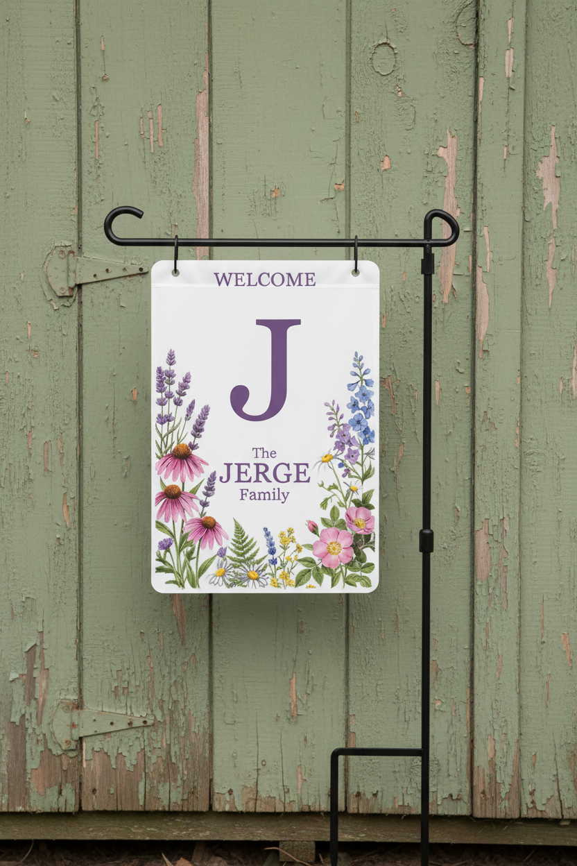 Custom Personalized Family Garden Sign - White with Full Color Flower Collection